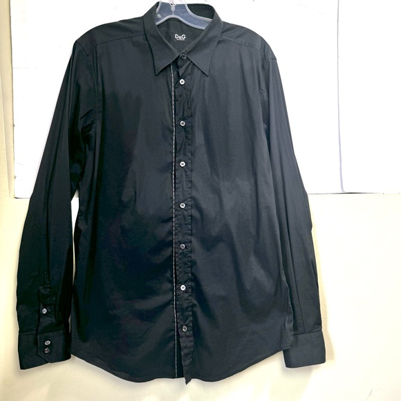 D & G Dolce & Gabbana Logo Cotton Trim Button Top Shirt Long Sleeve Black 54 - Picture 2 of 16